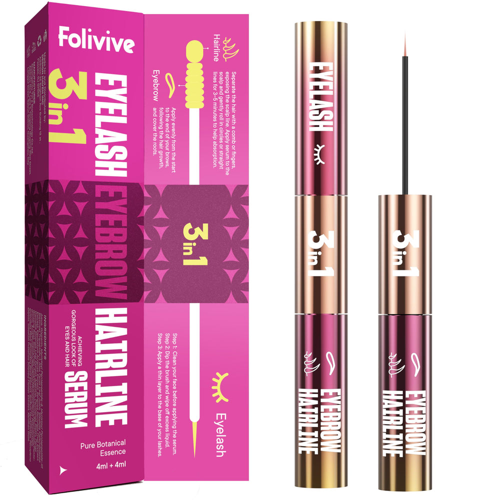 Folivive 3-in-1 serum bottle for lash, brow, and hairline growth potential.