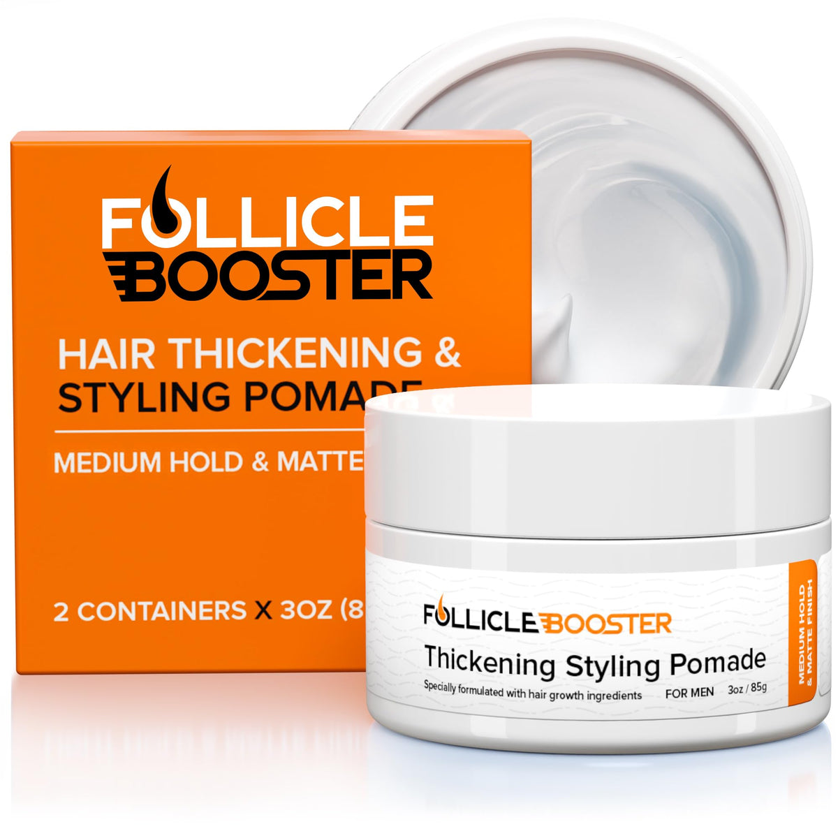 FOLLICLE BOOSTER pomade pack shot highlighting natural ingredients and matte finish.