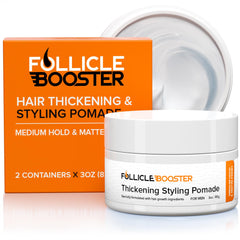 FOLLICLE BOOSTER pomade pack shot highlighting natural ingredients and matte finish.