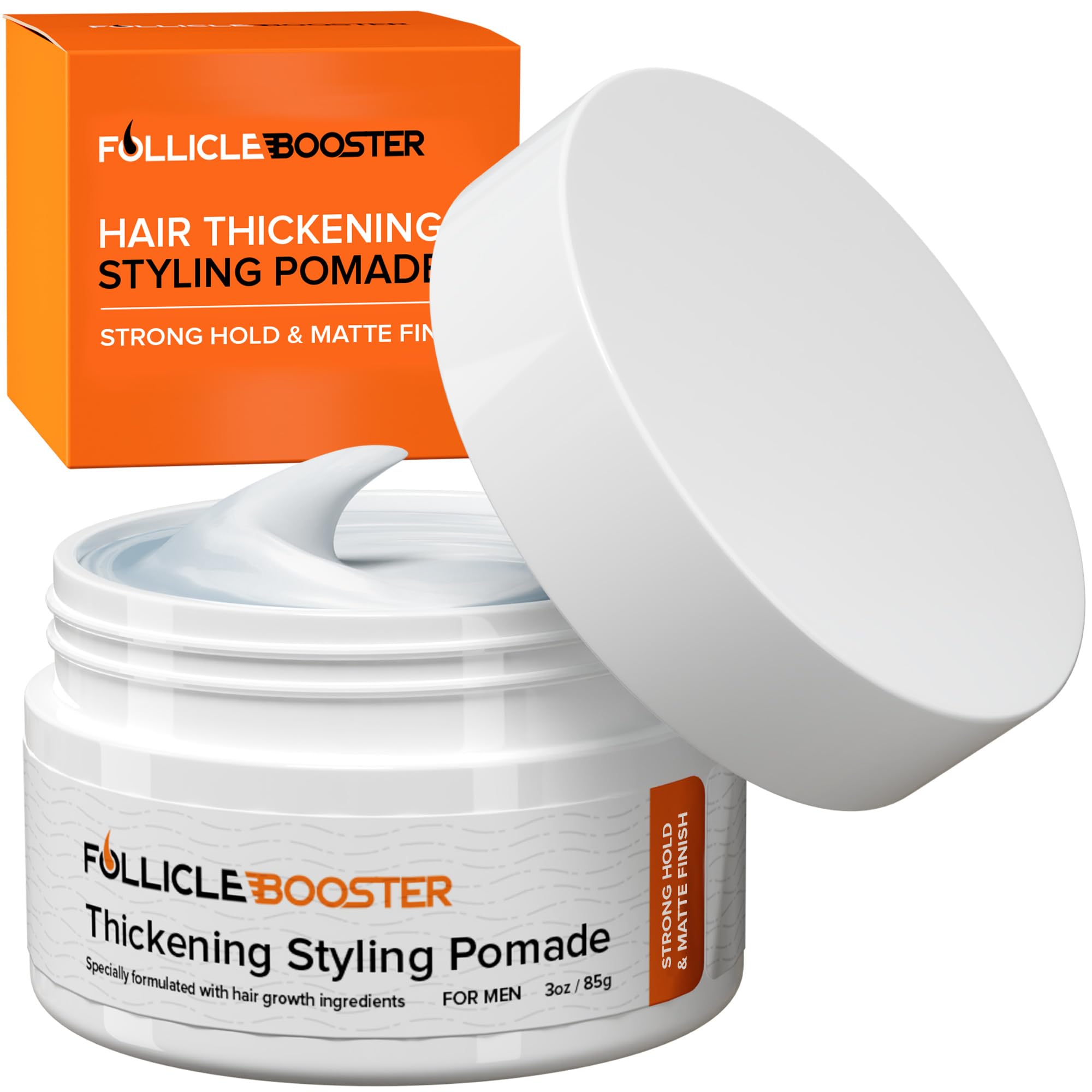 FOLLICLE BOOSTER thickening pomade bottle with matte finish for all-day styling.