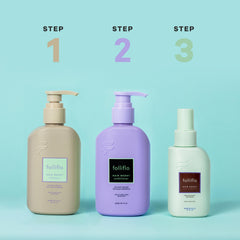 Folliflo conditioner on bathroom shelf signaling versatile use for many hair types.