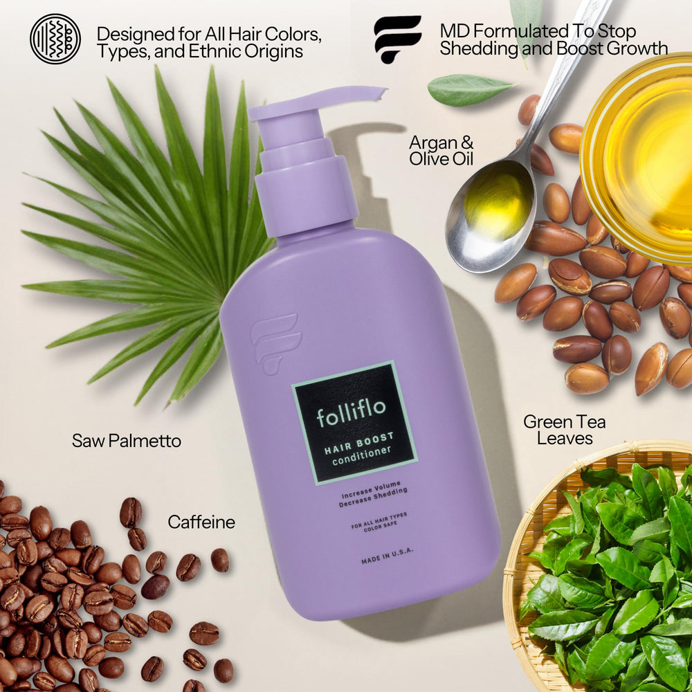 Folliflo conditioner pouring to reveal easy application for effortless daily conditioning.