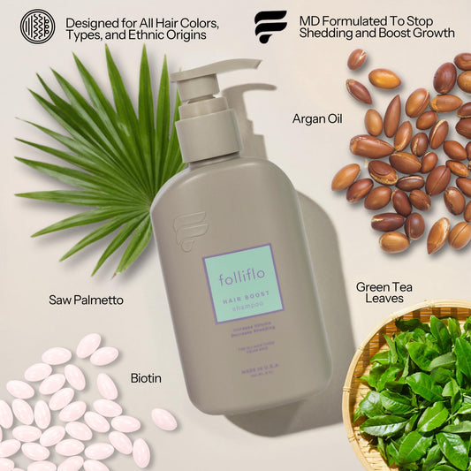 Folliflo Hair Boost Shampoo label close-up showing conditioning ingredients for softness.