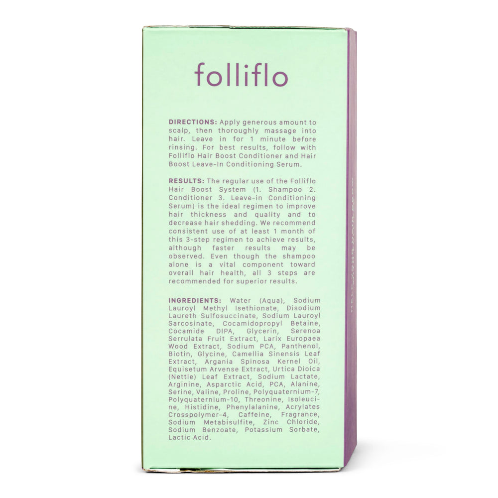 Creamy texture swirl of Folliflo shampoo suggests cosmetic conditioning for softness.