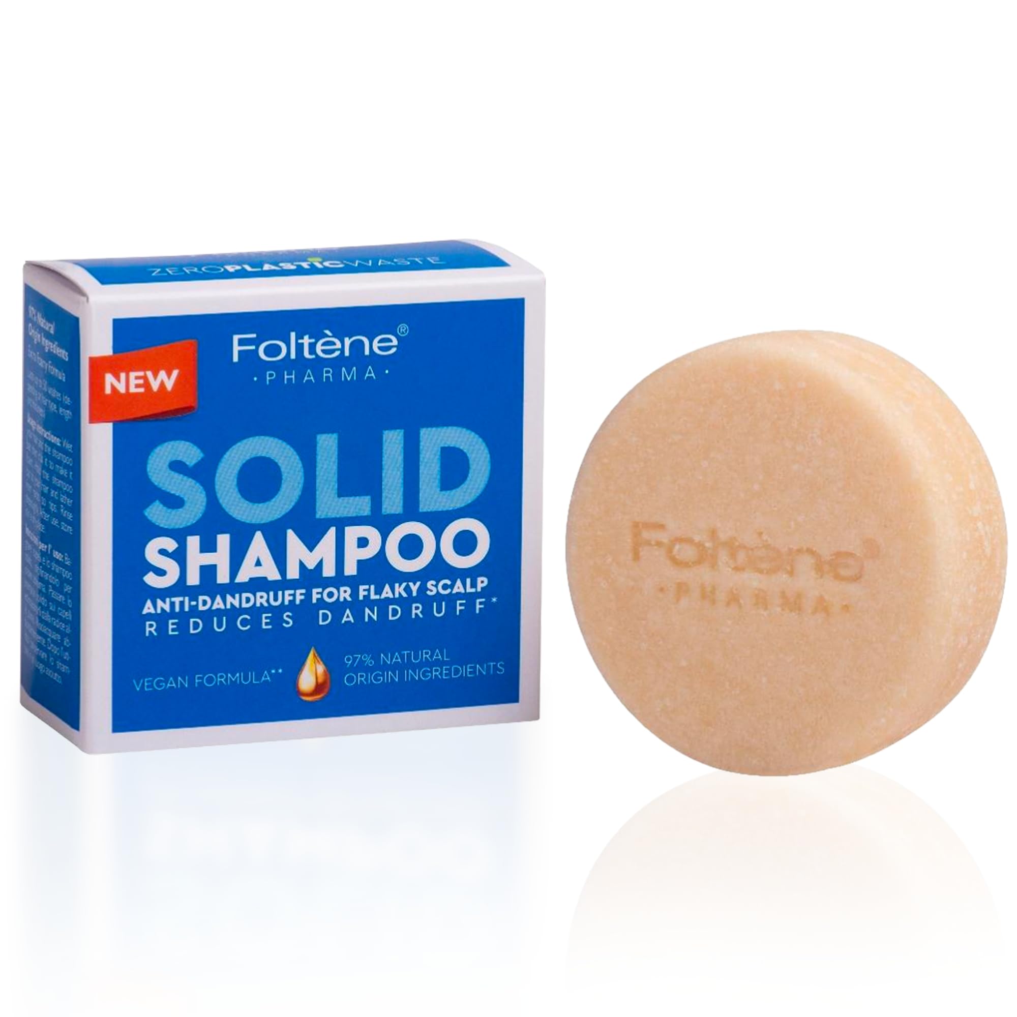 Foltene front packaging showing shampoo bar and benefits
