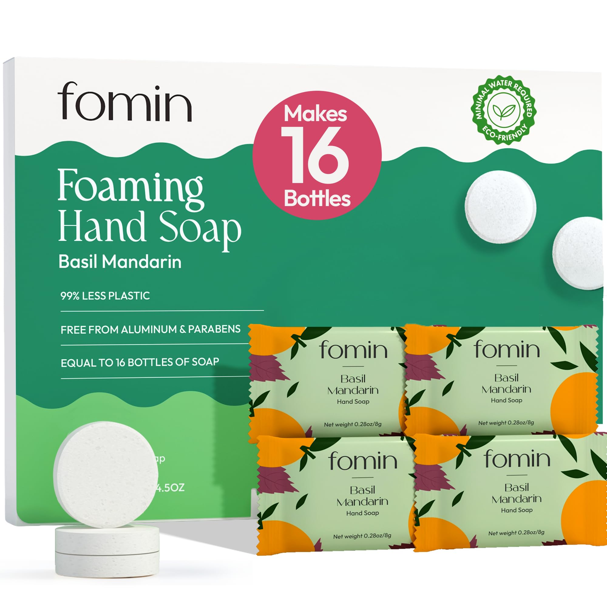 FOMIN Basil Mandarin foam soap tablet closeup for easy at-home refills.