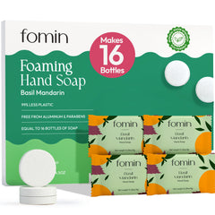 FOMIN Basil Mandarin foam soap tablet closeup for easy at-home refills.
