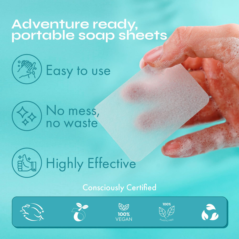 FOMIN foaming action paper soap sheets creating light lather with water.