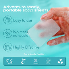 FOMIN foaming action paper soap sheets creating light lather with water.