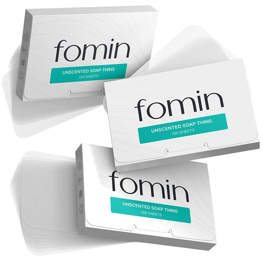 FOMIN paper soap sheets in a compact travel pack for quick hand washing.