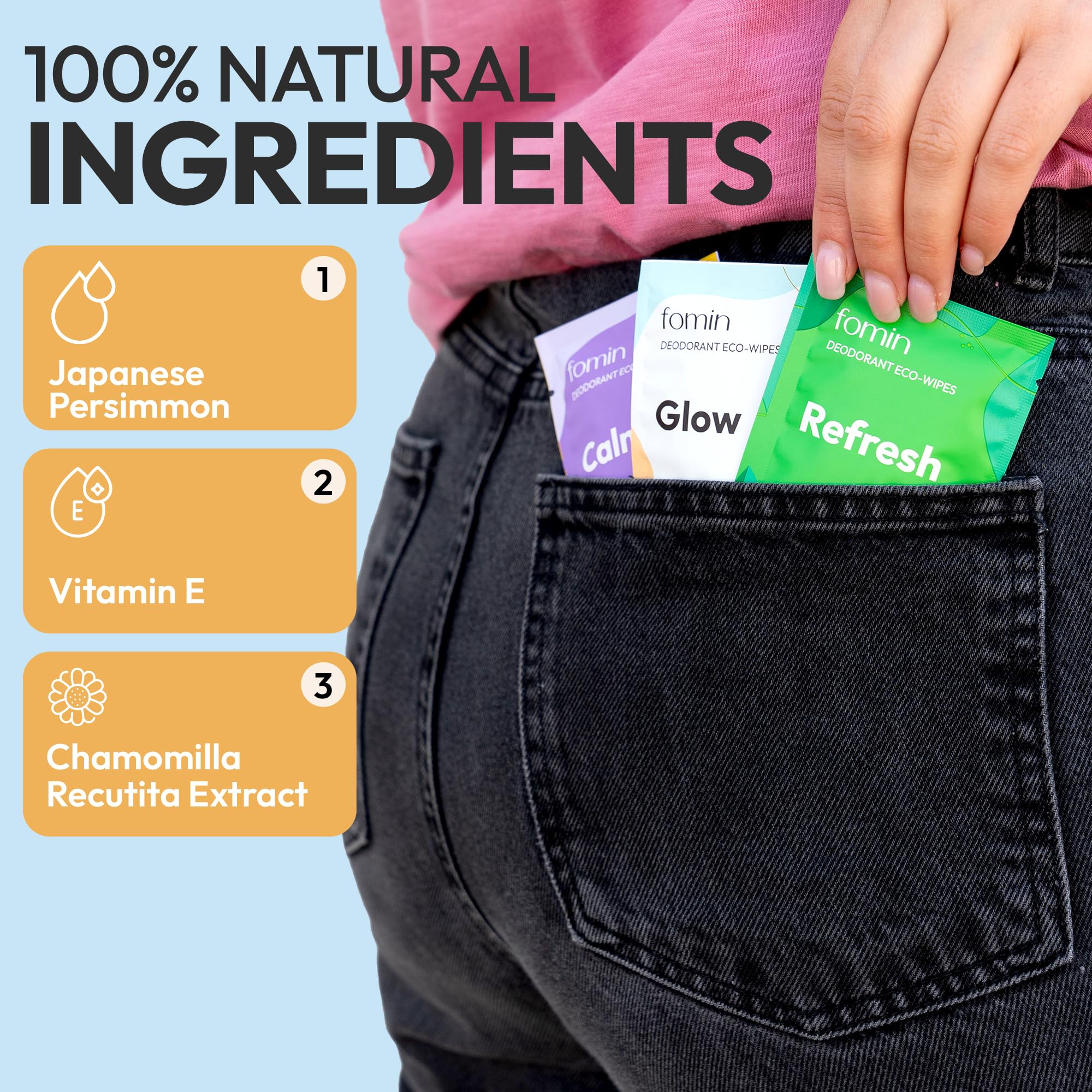 FOMIN Biodegradable packaging highlighting sustainability for wipes.