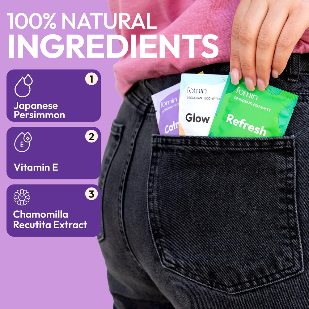 FOMIN wipes formula with vitamin E and aloe for skin comfort on travel.