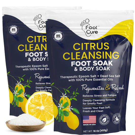Foot Cure Citrus Detox bottle being poured for a refreshing foot soak