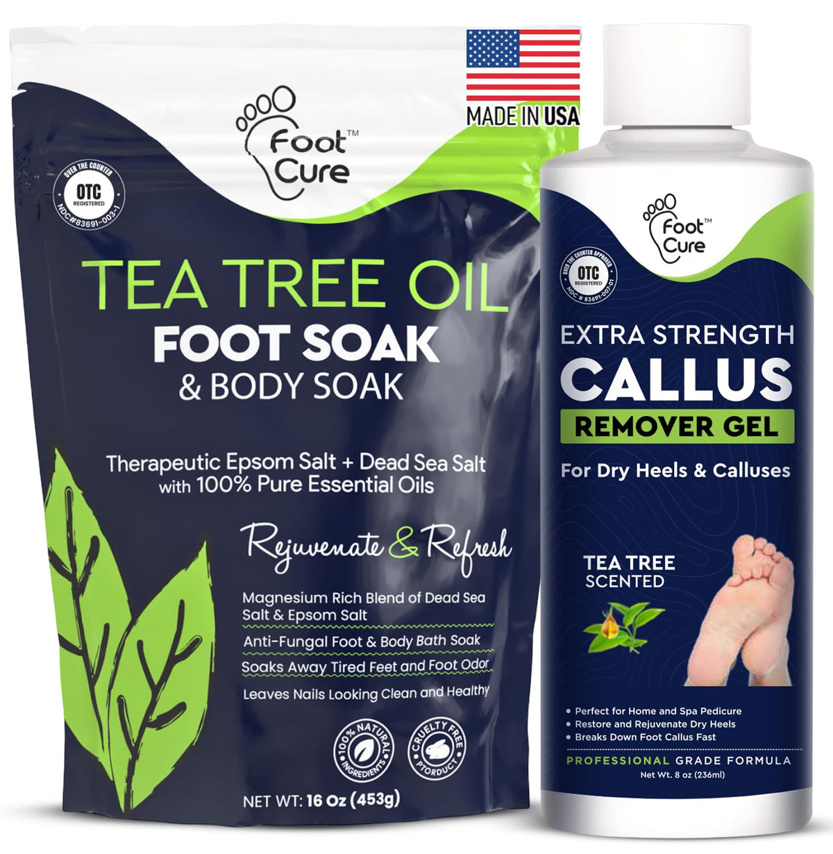Foot Cure Tea Tree Foot Soak bottle calms tired feet with natural essential oils.