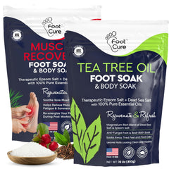 FOOT CURE Tea Tree Oil Foot Soak bottle offers post-workout relief and skin softening.