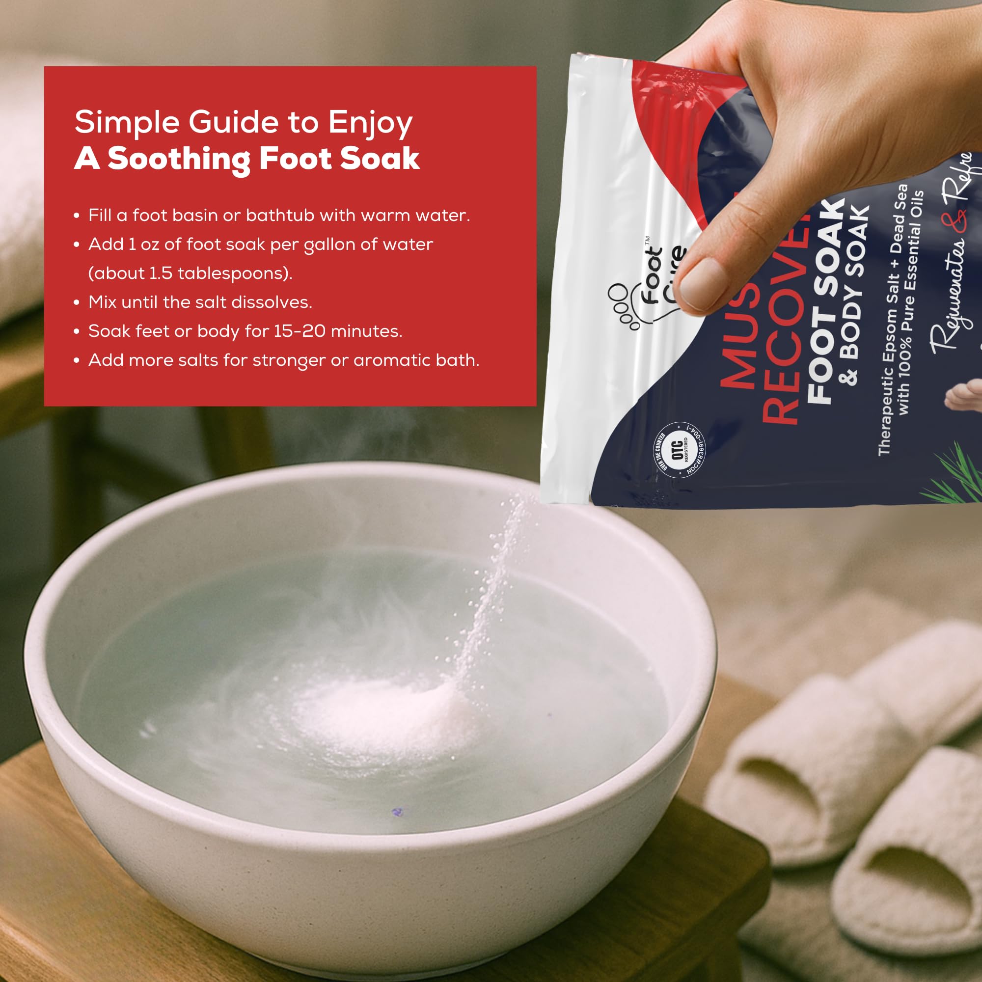 FOOT CURE Tea Tree Oil Foot Soak ingredients close-up highlights natural extracts.