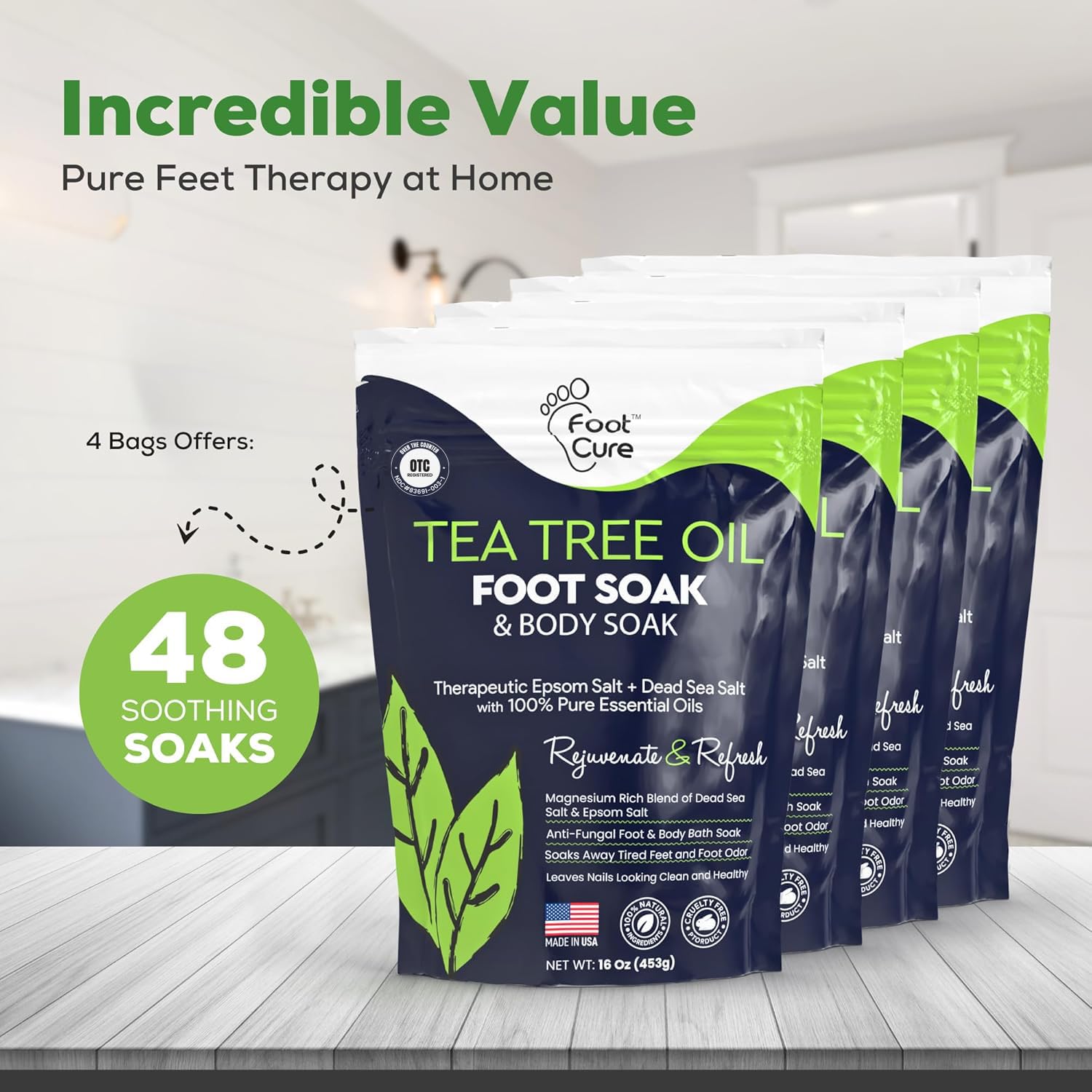 Foot Cure Tea Tree Oil Foot Soak 4-pack packaging for convenient use