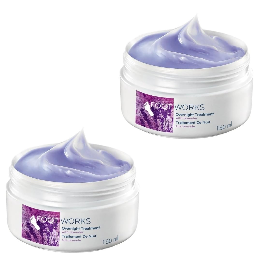 Foot Works Lavender Overnight Foot Treatment packaging highlights a calming lavender aroma for relaxation.