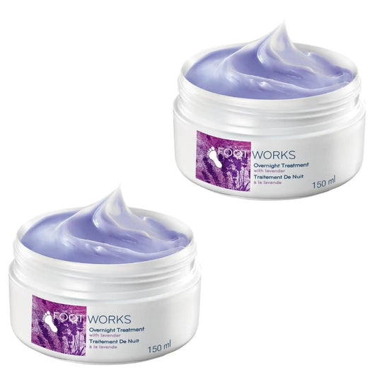 Foot Works Lavender Overnight Foot Treatment packaging highlights a calming lavender aroma for relaxation.