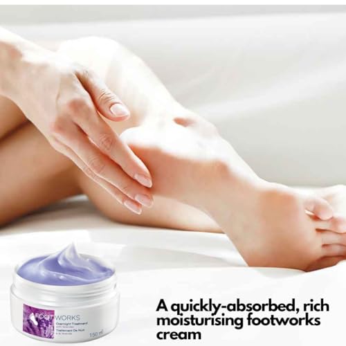 Foot Works Lavender Overnight Foot Treatment jar shows rich texture for deep moisture.