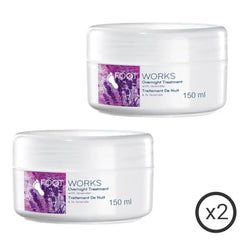 Foot Works Lavender Overnight Foot Treatment close-up reveals creamy formula and lavender essence.