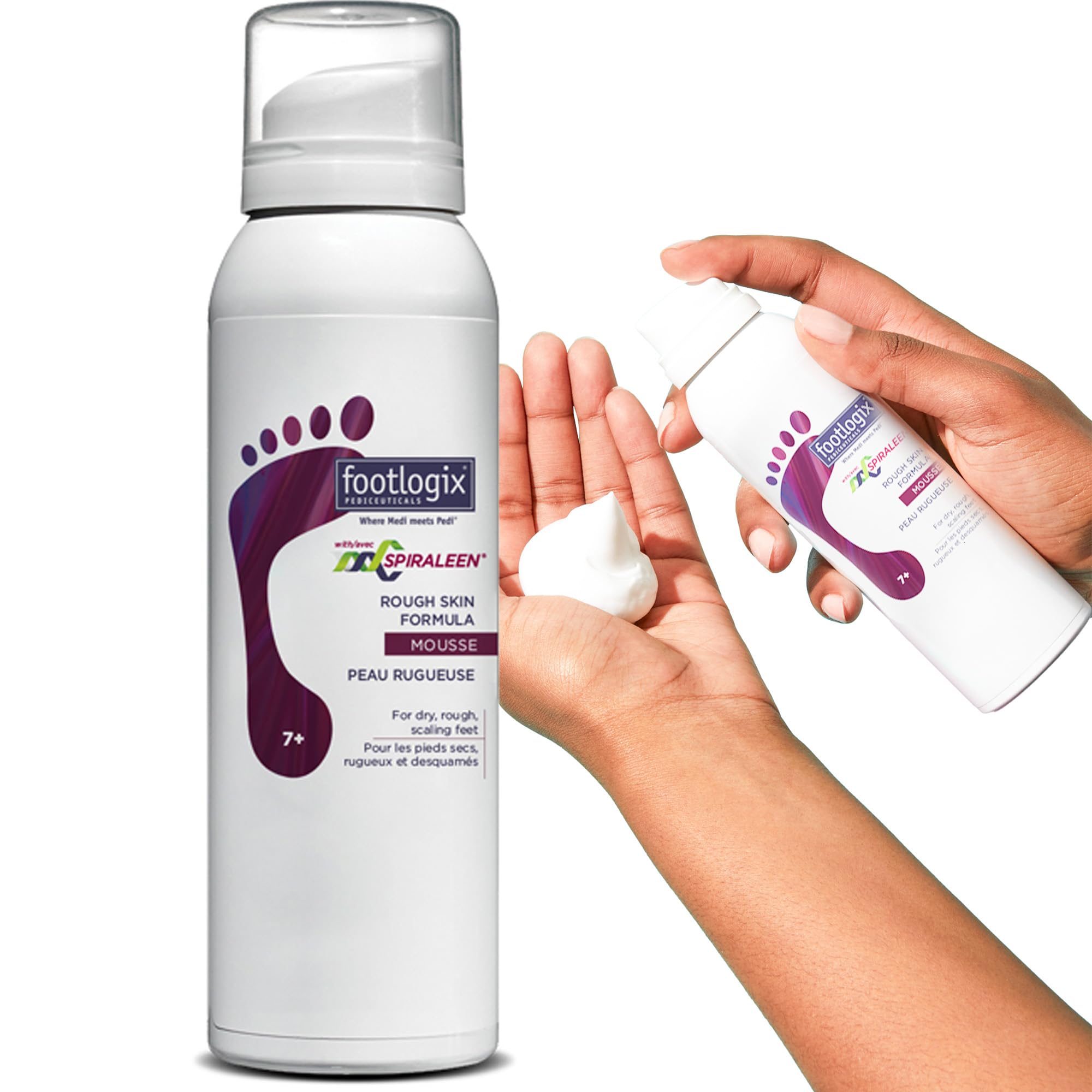 Footlogix rough skin formula Spiraleen mousse bottle shown for easy application.