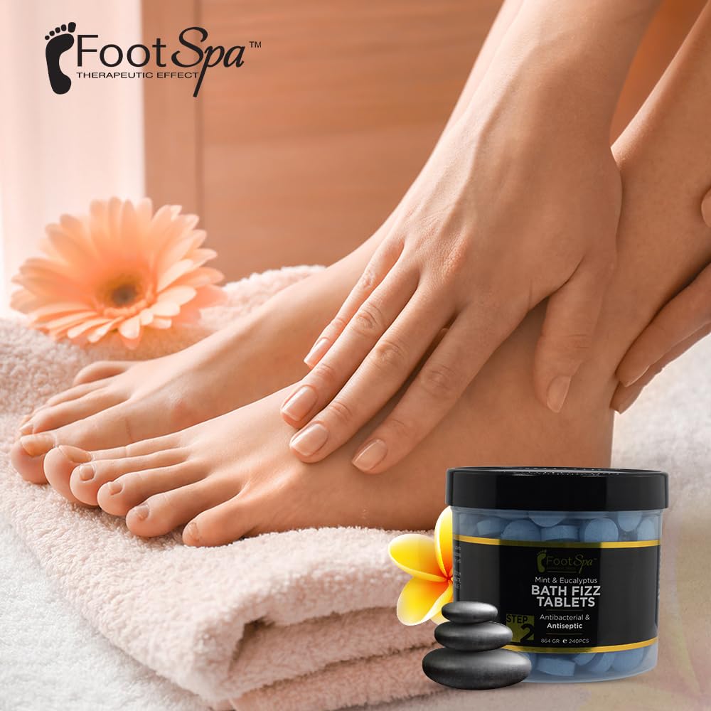 FootSpa Bath Fizz Mint & Eucalyptus mint leaves highlight cooling, revitalizing skin care.