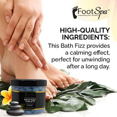 FootSpa Bath Fizz Mint & Eucalyptus scoop measure showing generous 42-ounce container.