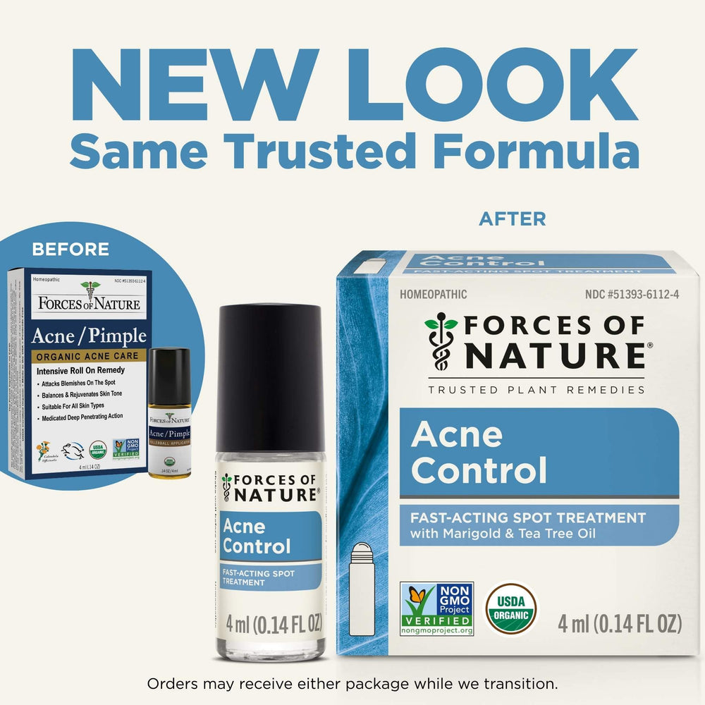 Forces of Nature acne-rollerball on face for precise spot application