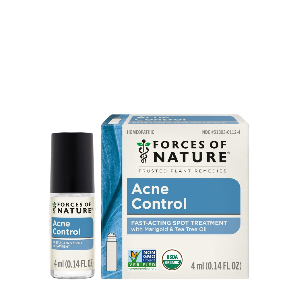 Forces of Nature acne-rollerball cap closeup shows compact, travel-ready treatment