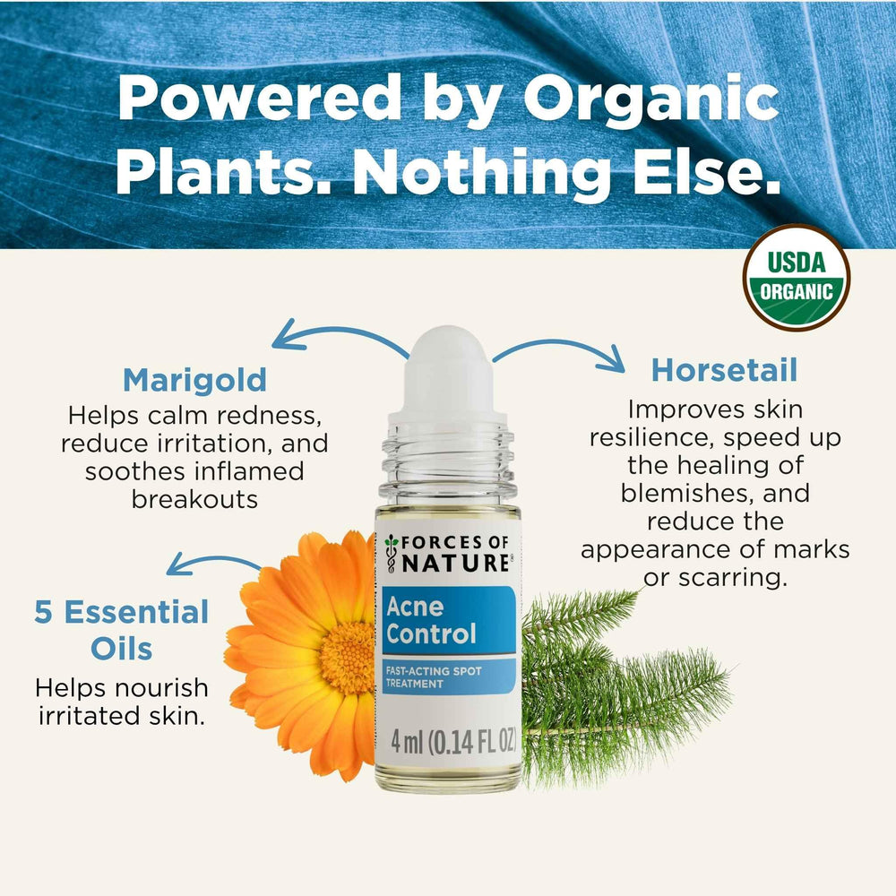 Forces of Nature acne-rollerball organic ingredients highlight purity and plant-based care