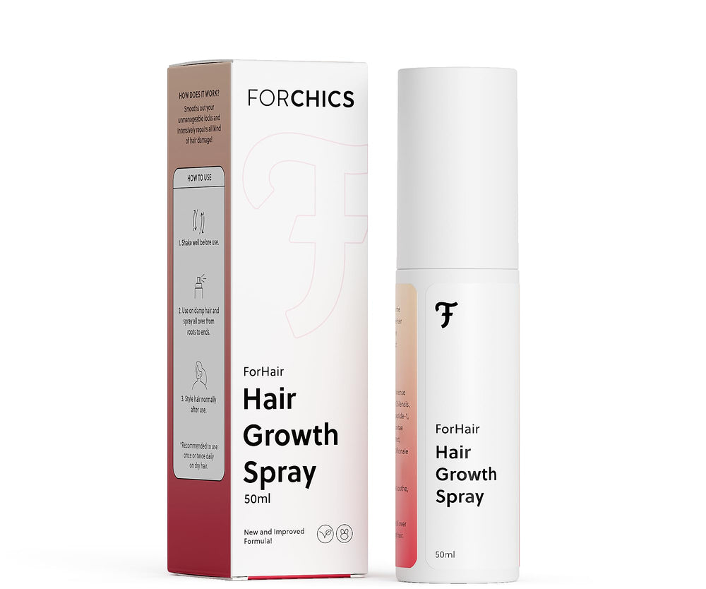 ForChics hair growth serum bottle close-up with non-greasy, fast-absorbing action