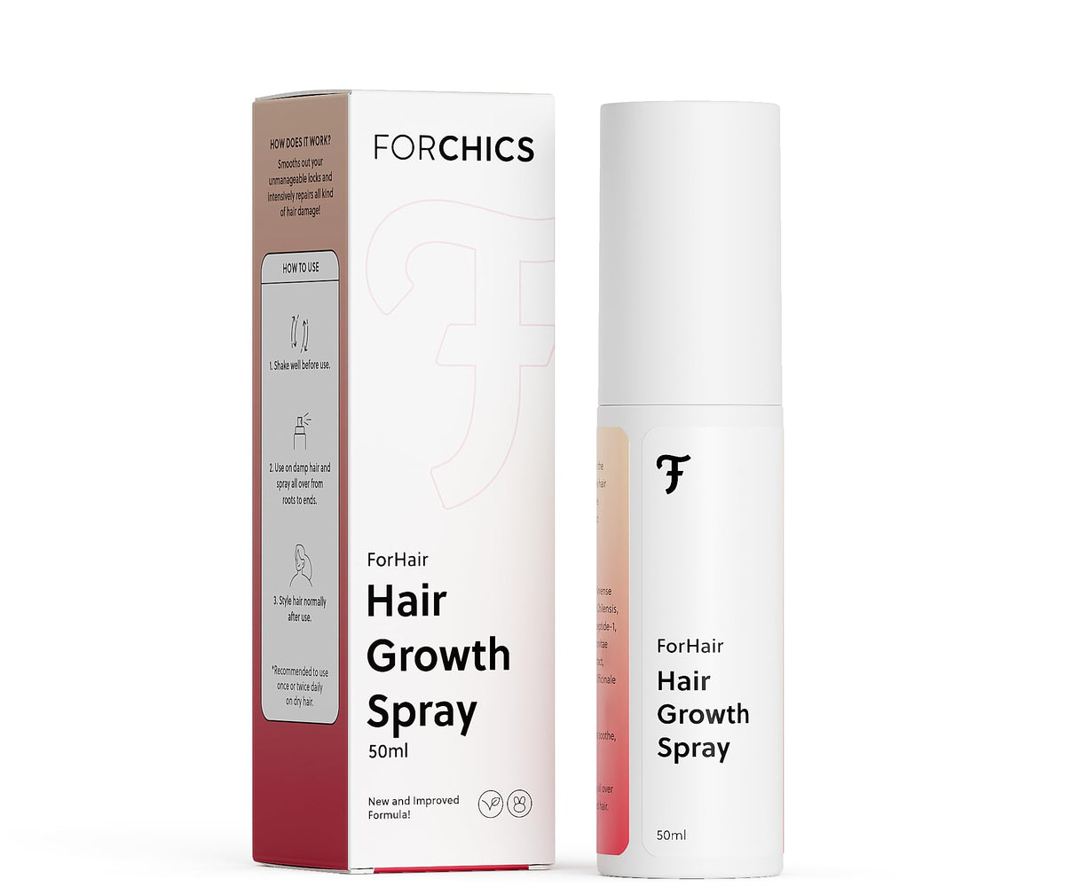 ForChics hair growth serum bottle close-up with non-greasy, fast-absorbing action