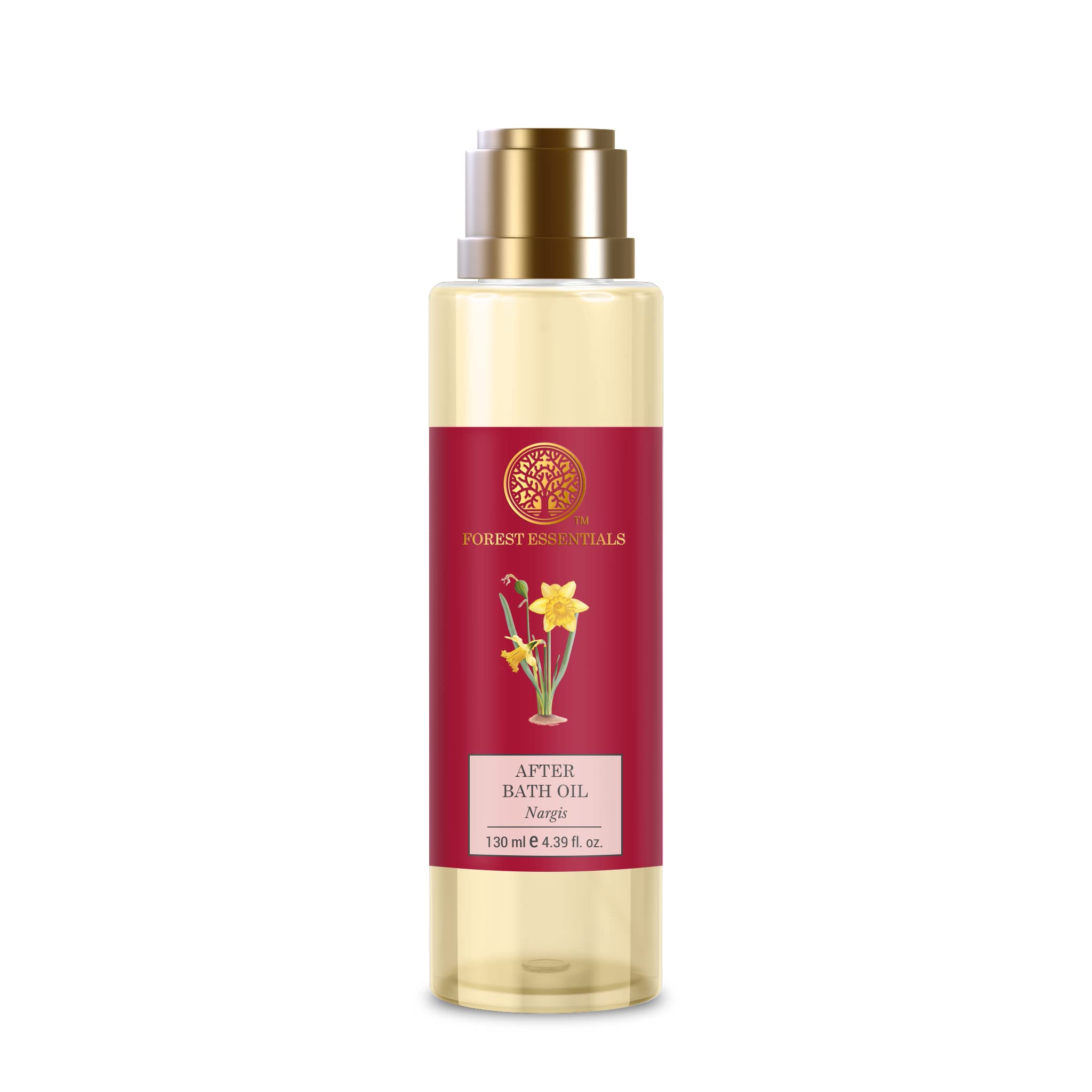 Forest Essentials After Bath Oil Nargis 130 ml front label highlighting hydration-friendly packaging.