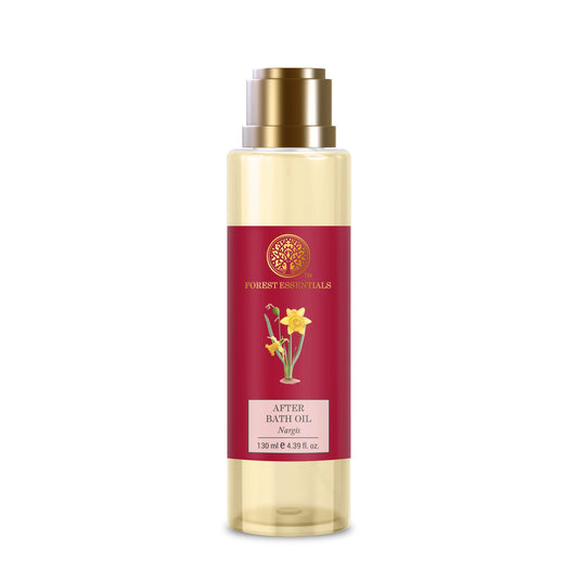 Forest Essentials After Bath Oil Nargis 130 ml front label highlighting hydration-friendly packaging.