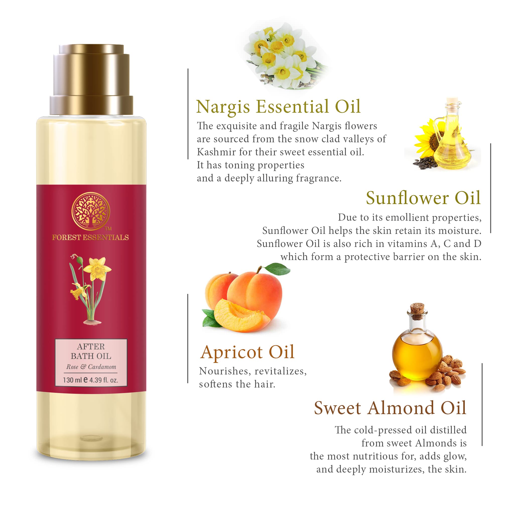 Massage of Forest Essentials Nargis oil into skin for a silky, hydrated feel.