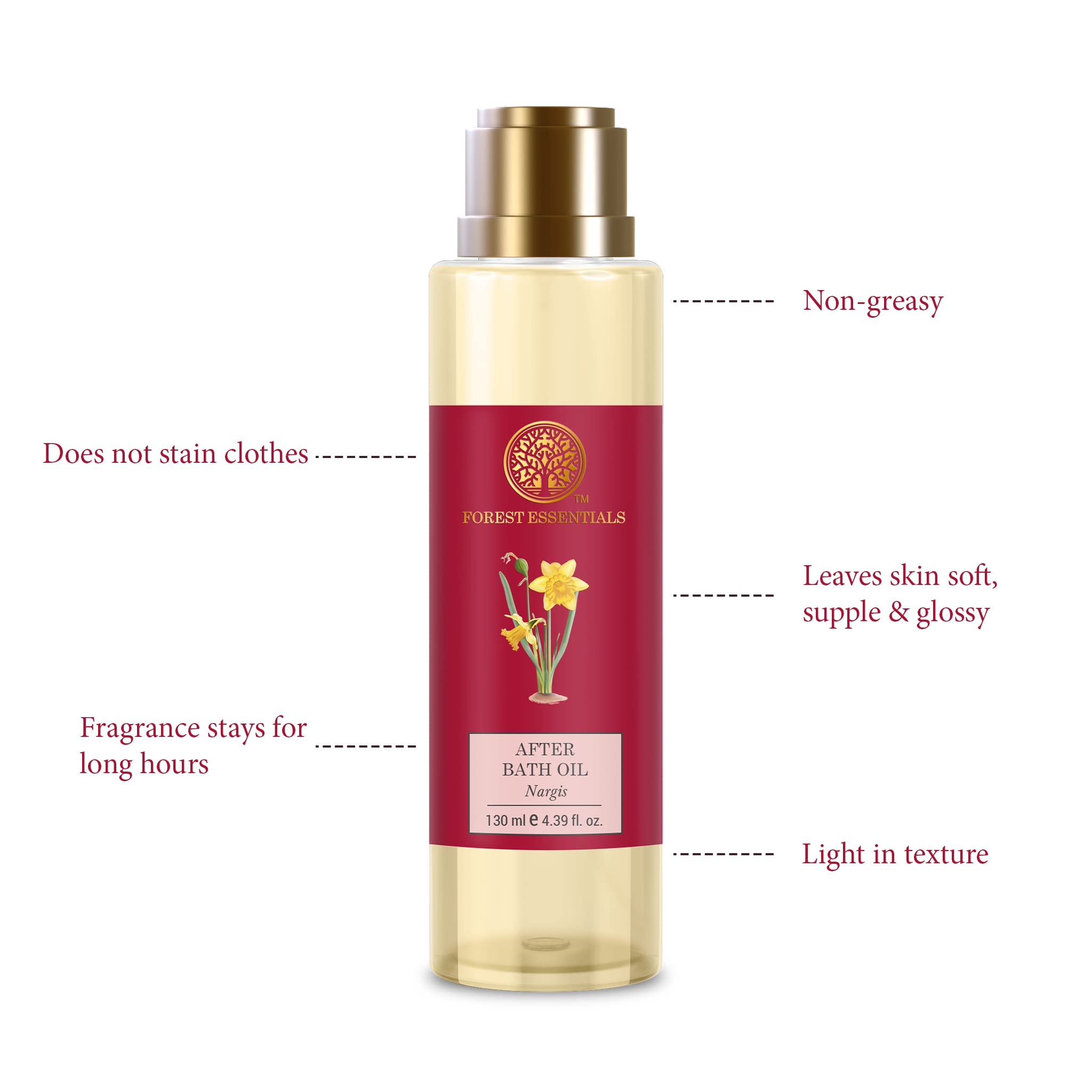 Forest Essentials Nargis oil bottle being poured to show quick absorption on damp skin.