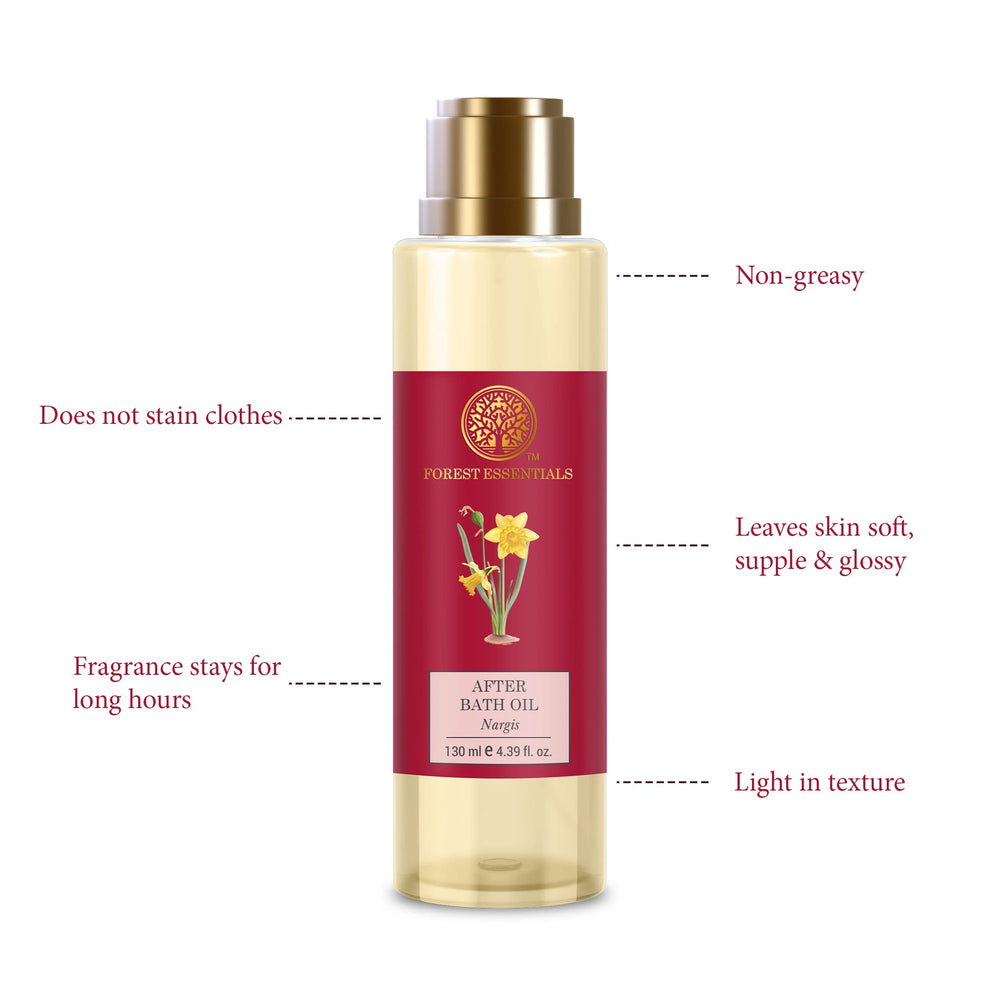 Forest Essentials Nargis oil bottle being poured to show quick absorption on damp skin.