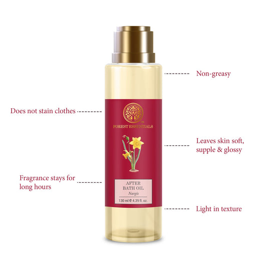 Forest Essentials Nargis oil bottle being poured to show quick absorption on damp skin.