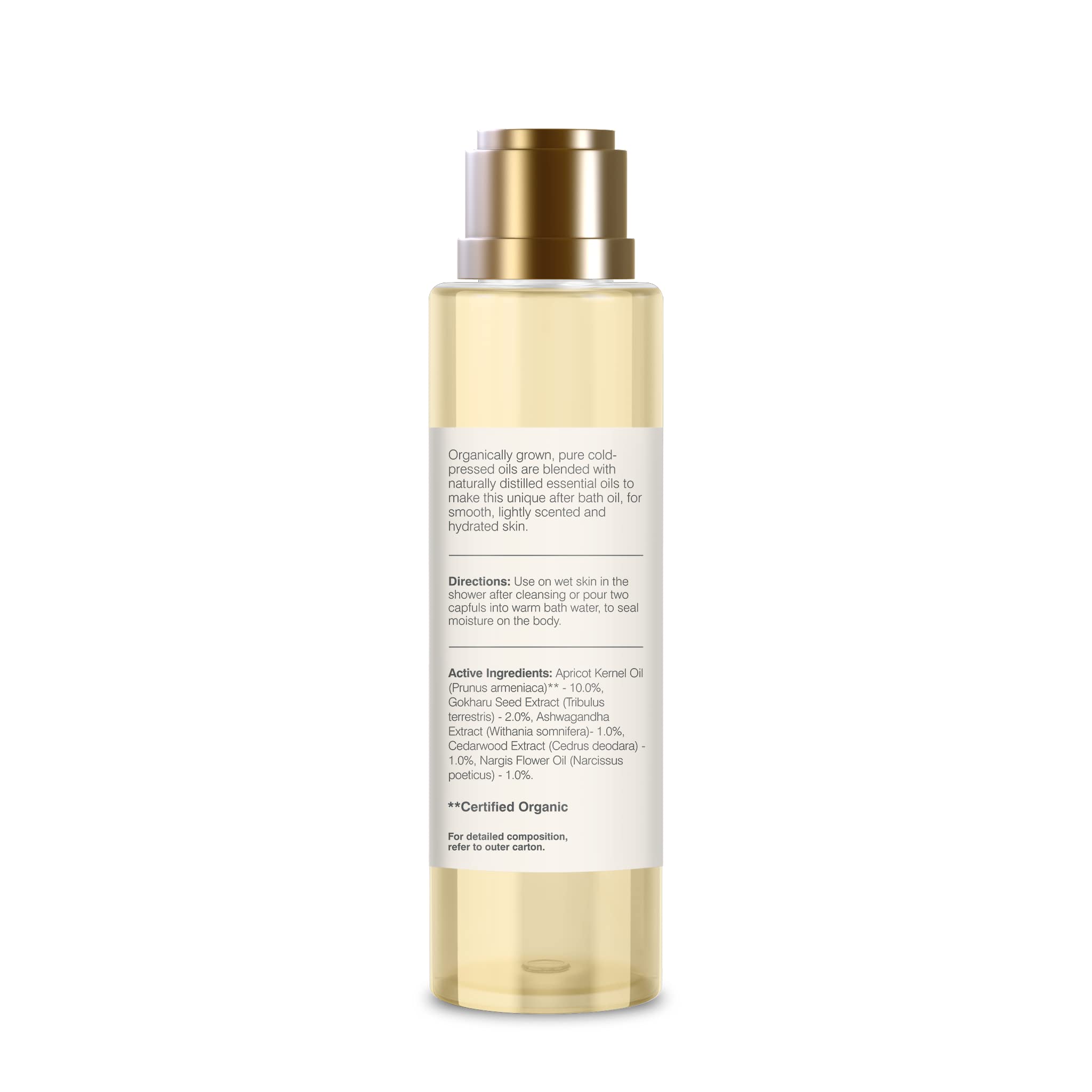 Close-up of natural essential oils in Forest Essentials Nargis after bath oil ingredients.