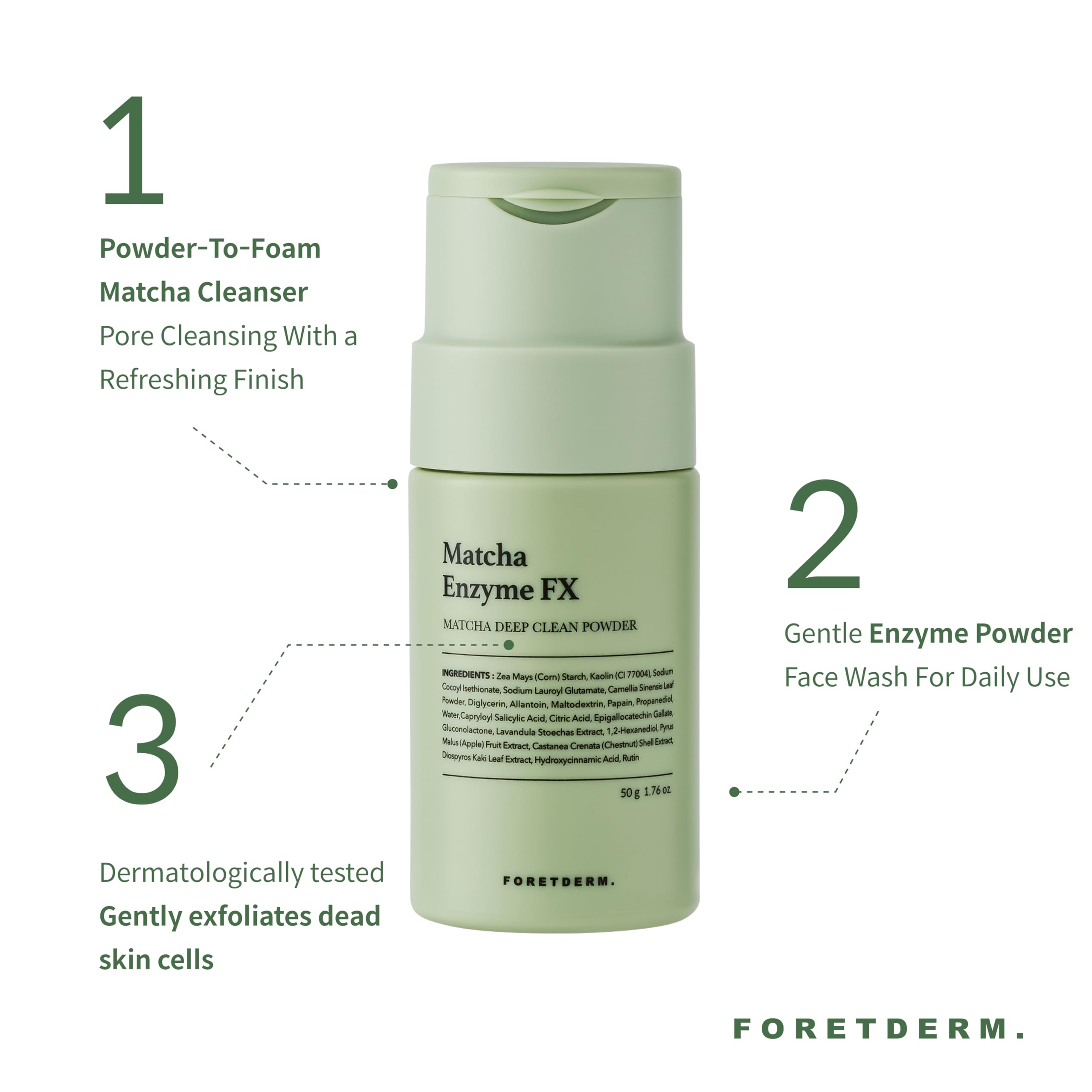 FORETDERM Matcha Enzyme FX powder-to-foam texture activating with water