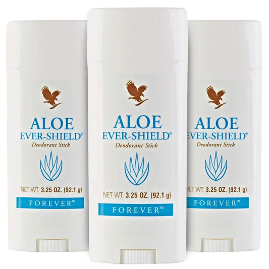 Forever Living Aloe Ever-Shield packaging highlights aluminum-free, skin-friendly formula.