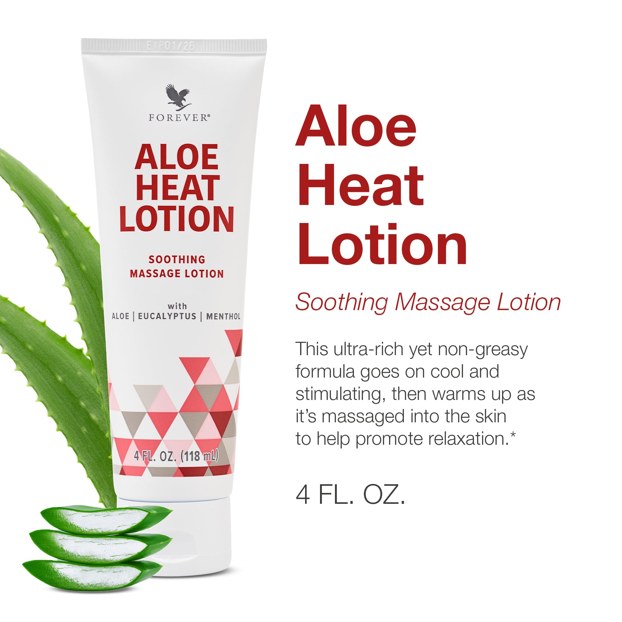 Forever Living Aloe Heat Lotion label close-up with menthol and eucalyptus for refreshing sensation