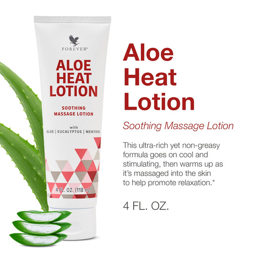Forever Living Aloe Heat Lotion label close-up with menthol and eucalyptus for refreshing sensation