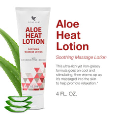 Forever Living Aloe Heat Lotion label close-up with menthol and eucalyptus for refreshing sensation