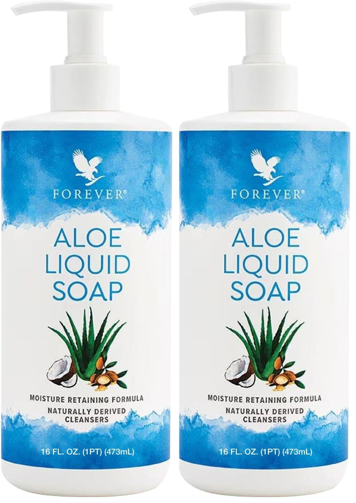 Forever Living Aloe Liquid Soap bottle front shows vegan and gluten-free cleansing for sensitive skin.