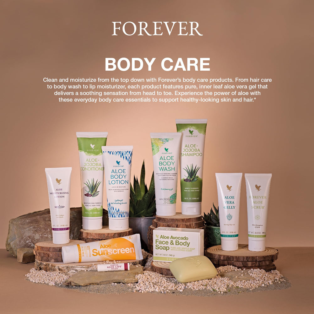 Label close-up noting collagen and elastin benefits in Forever Living lotion