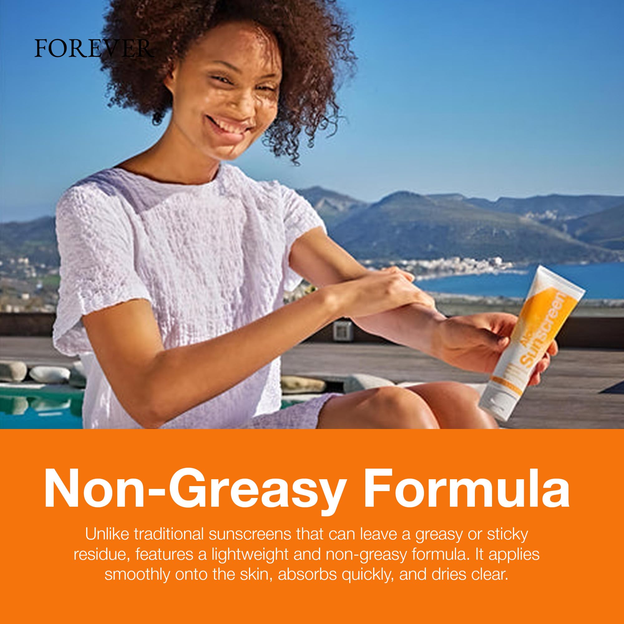 Forever Living Aloe Sunscreen SPF 30 image with aloe vera plant emphasizes nourishing, skin-soothing formula