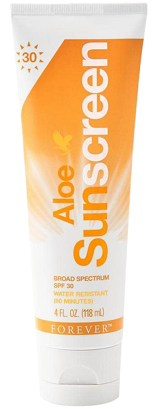 Forever Living Aloe Sunscreen SPF 30 bottle showing quick absorption on skin