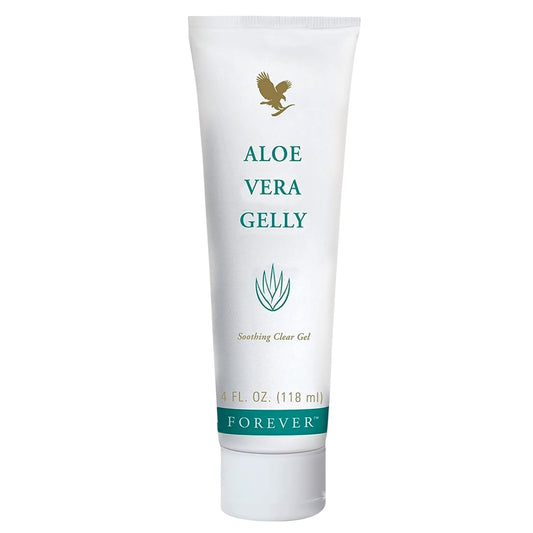Forever Living Aloe Vera Gelly bottle close-up demonstrates soothing gel for calm skin.